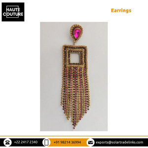 Pendientes de borlas de piedra de cadena fucsia de diseño elegante hecho a mano de 13cm de largo para mujeres y niñas, ropa de fiesta de noche bordada a mano - Product Image 5