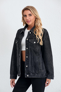 New Arrival Women's Casual Reversible <b>Denim</b> <b>Jacket</b> 100% Cotton Stand Solid Pattern Button Logo Decoration Washed for Spring - Product Image 6