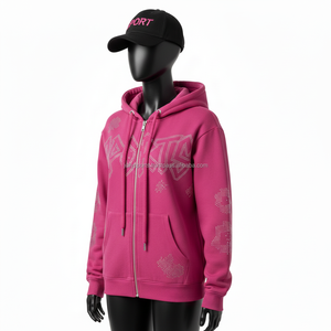 เสื้อฮู้ดซิปผู้หญิง ผ้าฟลีซนุ่ม 320GSM หลายสี ประดับคริสตัลติดด้วยความร้อน โลโก้แบบกำหนดเอง สไตล์สปอร์ต เสื้อฮู้ดซิปพื้นฐาน - Product Image 4