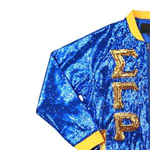 Sigma Gamma Rho SGRho Chaqueta de lentejuelas Azul real Oro Letras griegas Bordado Crest Sorority Bomber Greek Life Apparel - Product Image 2