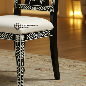 Silla de Comedor Artesanal con Incrustaciones de Hueso, Diseño Floral en Blanco y Negro, Silla de Madera Hecha a Mano de Lujo, Decorativa - Product Image 4