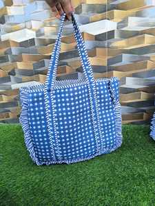 Hand Block Printed Cotton Quilted Fashion Bohemian Frill Tote Bag with Two Handles and Open Closure - Product Image 6