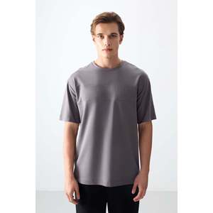 T-shirt basique gris foncé pour homme, taille oversize, 100% coton, jersey épais et doux texturé, 88378 - Product Image 3