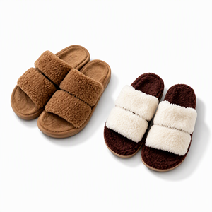 Pantuflas de Mujer de Piel Sintética Tipo Teddy, con Hebilla, Tacón Plano, Cálidas y Peludas, para Interiores y Exteriores, Sandalias Blancas de Verano - Product Image 1