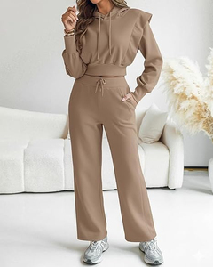 Conjunto de 2 Piezas para Mujer 2025, Sudadera Corta de Manga Larga y Pantalones Deportivos Anchos, Conjunto Deportivo de Moda Otoñal, Chándal con Logotipo Personalizado - Product Image 5