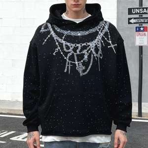 Sweat à capuche streetwear graphique en strass d'hiver de haute qualité personnalisé pour hommes 100% coton biologique épaules tombantes surdimensionné - Product Image 3