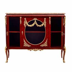 Classic <b>Wooden</b> Sideboard Cabinet with Marble Top Circular Center Panel Brass Ornaments French Antique Style Design - Product Image 4