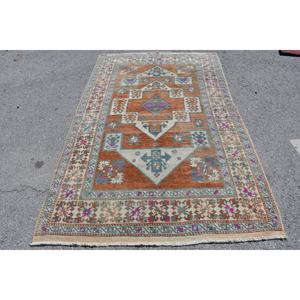 Alfombra turca vintage clásica naranja azul 4,8x7,7 pies Patchwork rectángulo lana poliéster látex respaldo para sala de estar dormitorio - Product Image 1