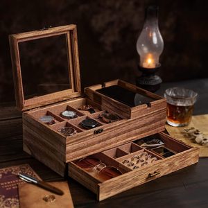 Organisateur de boîte de montre pour hommes, boîtier de montre à 6 emplacements pour montre d'affichage et de stockage pour hommes, boîte à bijoux en bois massif pour hommes - Product Image 2