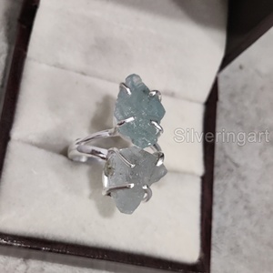 Exportation de bijoux en pierre brute bague pour femme aigue-marine naturelle pierre brute pierre de naissance de mars double pierre bague en argent sterling 925 - Product Image 3