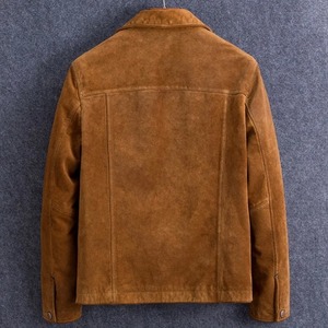 แจ็กเก็ตมอเตอร์ผู้ชายหนังกลับวัวแท้กระดุมแถวเดียวทรงสลิมฟิตสไตล์สตรีทสูงสีน้ำตาล - Product Image 2