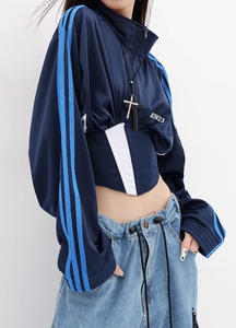 Chaqueta corta transpirable acolchada de punto con estampado de colores a la moda con cintura atada parches de rayas laterales mangas largas para mujer - Product Image 4