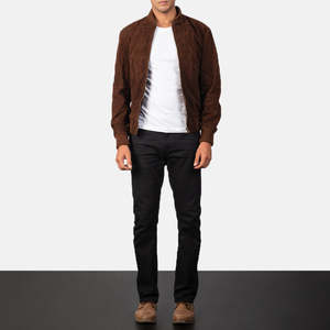 Shane Genuine Sheep Skin Mocha <b>Suede</b> Bomber <b>Jacket</b> Casual Aviator Reversible Zippered Water Proof Embroidered XS for Autumn - Product Image 3
