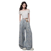 Jeans baggy pour femmes à taille haute, imprimé floral, jambe large, denim respirant, séchage rapide, tendance