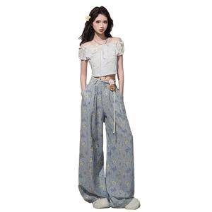 Jeans Holgados de Cintura Alta con Estampado Floral para Mujer, Pierna Ancha, Mezclilla Transpirable de Secado Rápido, a la Moda - Product Image 1