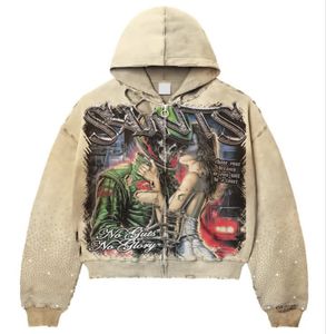 Vestes à capuche en polaire pour hommes de qualité supérieure, avec fermeture éclair imprimée, capuche brodée avec des strass et un effet vieilli pour hommes - Product Image 4