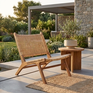 Chaise longue de jardin moderne en teck naturel, imperméable et durable, avec assise en sangle tressée pour terrasse et patio, décoration artistique - Product Image 4
