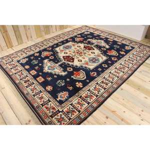 Tapis de 7,8 x 9,9 pieds, tapis turc vintage, tapis en laine bleu et rouge à pois - Product Image 1