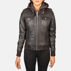 Blouson aviateur en cuir marron automnal à capuche - Product Image 4