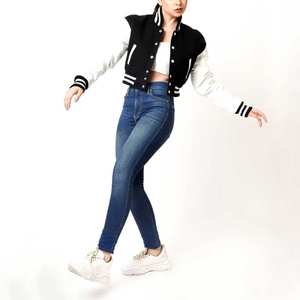 Retro Varsity Jackets With Ribbed Cuffs Striped Collar & Snap <b>Buttons</b> Designed For Trendy Street Fashion And Casual Outfits - Product Image 4