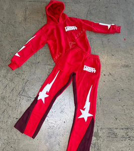 100% Cotton Men's Hip Hop <b>Red</b> and Black Puff Printing Clothing Set Hooded Tops <b>Hoodies</b> Men Flare Pants Two Piece Set - Product Image 1