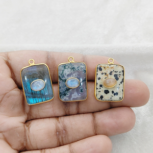 925 Sterling Silver Fine Pendentifs Charmes Rectangle Lisse Mousse Agate Incrustation Gemme Lunette Réglage Collier Faire En Vrac - Product Image 5