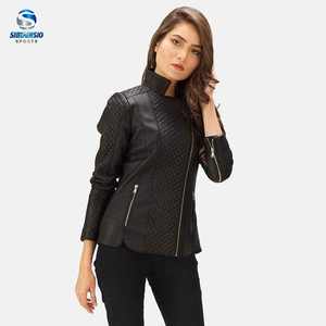 Chaqueta de cuero genuino para mujer, chaqueta de motorista de cuero negro acolchado de grano para niñas, chaqueta de abrigo de motorista informal con cremallera para mujer - Product Image 5
