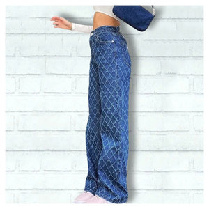 กางเกงยีนส์ขากว้างสำหรับผู้หญิงกางเกงขากว้างพิมพ์ลายทรงแบ็กกี้ทรงตรงตามสั่ง - Product Image 5