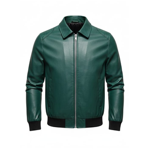 Chaqueta de Cuero Premium Color Verde Azulado Oscuro, Unisex, Piel de Vaca Genuina, Cuello Camisero, Chaqueta Bomber Informal, Bordado Personalizado en la Parte Delantera de Lona - Product Image 5