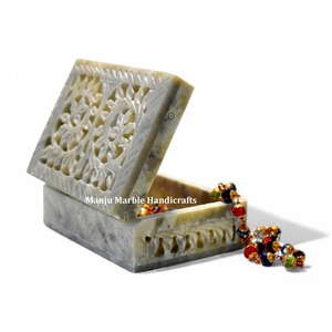 Multinational Floral Design Rectangular 10 x 7.5 cm Carved Soapstone Marble Jewelry <b>Box</b> High Quality For <b>Ramadan</b> Festival - Product Image 1