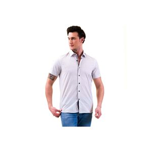 <b>White</b> and Ice Blue Plaid Checkered Chest Placket Detail <b>Slim</b> <b>Fit</b> Short Sleeve Cotton <b>Shirt</b> - Product Image 2