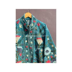 Wholesale Unisex Floral Embroidery Jacket 100% Cotton Velvet Knitted Stand Collar Quilted Jacket Regular Winter Jacket <b>Coat</b> - Product Image 2