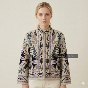 Veste Suzani en velours de coton tricoté à la main |   Manteau d'automne/hiver bohème pour femmes |   Broderie à motifs floraux écologiques - Product Image 1