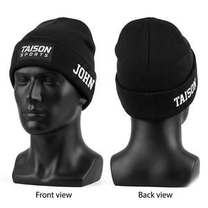 rugby beanie premium 340 gsm acrylic knit jacquard grey navy <b>yellow</b> striped pom embroidered patch custom name - Product Image 5