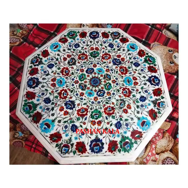 Most Beautiful And Attractive Handmade Red & Blue Colour Flower Design Inlay On Pietra Dura White Marble Inlay Table Top