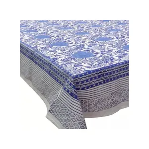 Latest Products Floral Canvas Brandies Blue Open Hand Block Printed Cotton Dining Tablecloth Embroidered For Sale