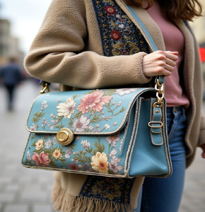 Soft blue <b>satchel</b> with delicate 3D floral appliqués. Romantic and feminine style. Available at wholesale prices. - Product Image 6
