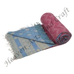 Indian Floral Print Kantha <b>Quilt</b> Cotton Ethnic <b>Bedding</b> Boho Bedspread Throw Indian Reversible Hand Stitched Heavy Throw Old Sari - Product Image 5