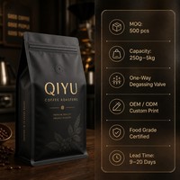 Sachet d'emballage de café noir mat personnalisé à fond plat, pochette verticale avec valve unidirectionnelle et fermeture éclair à languette pour grains de café
