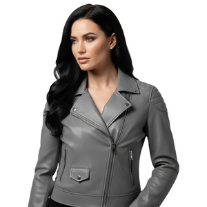 Veste de moto en cuir gris sur mesure pour femmes, vente en gros en vrac, prix d'usine, style motard authentique, manteau tendance pour femmes - Product Image 1