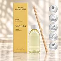 Recharge de diffuseur à bâtonnets parfum vanille marque privée 200ml + bâtonnets |   Parfum d'ambiance sucré et caramélisé |   Fabricant OEM Espagne