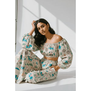 Ensemble haut court et pantalon imprimé à épaules dénudées, style ethnique bohème, fabricant et exportateur en gros - Product Image 1
