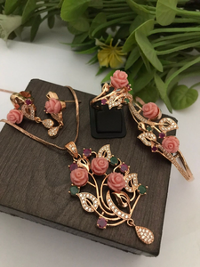 Premium Rose Gold Plated CZ Pendant Set with Chain, Matching Earrings, Ring & <b>Bracelet</b> Luxury Jewelry for Women Perfect Gift Set - Product Image 4