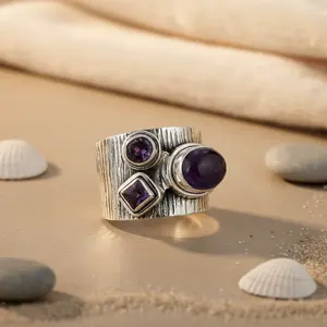 Anillo Boho de Plata de Ley 925 para Mujer, Joyería Fina con Gema de Amatista Tallada, Material de Platino para Promesas - Product Image 2