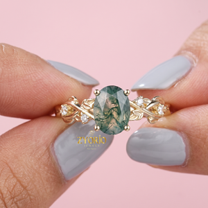 Anillo de Ágata Musgosa Ovalada en Oro de 14K, Anillo de Compromiso Botánico con Hoja de Ágata Musgosa Verde, Anillo de Joyería Fina - Product Image 4