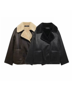 Unisex Vintage Faux Shearling Jacket Stand Long Sleeve Button-Up Chic <b>Tops</b> Outerwear Front Patch Pockets Stylish for <b>Men</b> Women - Product Image 1