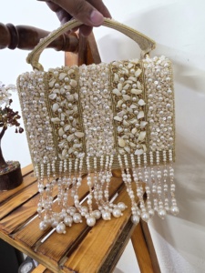 Elegant Bridal Sling <b>Bag</b> with Flap Beaded Embroidery Stone Work Evening Use from India - Product Image 3