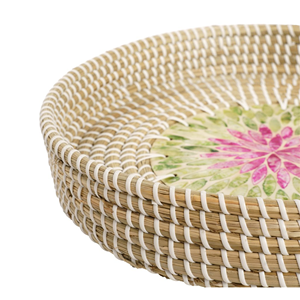 Plateau de service rond en jonc de mer à motif floral avec nacre, plateau en nacre fait à la main pour tables basses, cuisine à domicile en provenance du Vietnam - Product Image 5