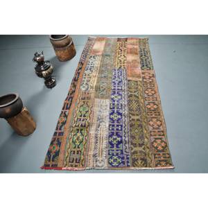 Alfombra turca azul vintage de 3,5x7,6 pies, Alfombra de lana Bohemia hecha a mano con respaldo de látex para cabecera, patrón de retazos Rectangular - Product Image 1