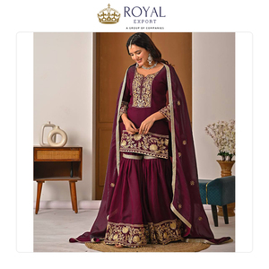 Gran Venta de Ropa India de Primera Calidad, Colección de Diseñador de Trajes Sharara de Seda Fandy con Bordado - Product Image 4